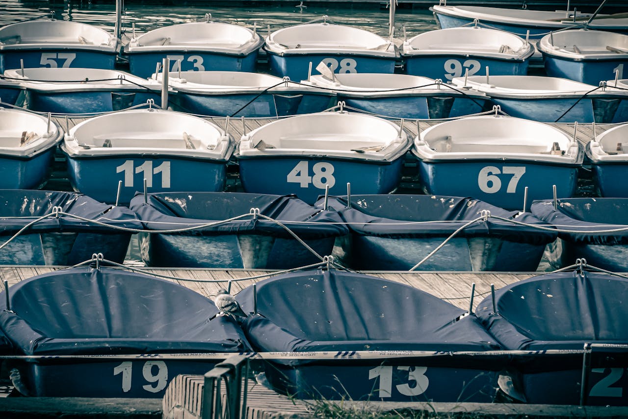 heros-img Blue boats numbered and docked at a marina, showcasing a tranquil watercraft scene.